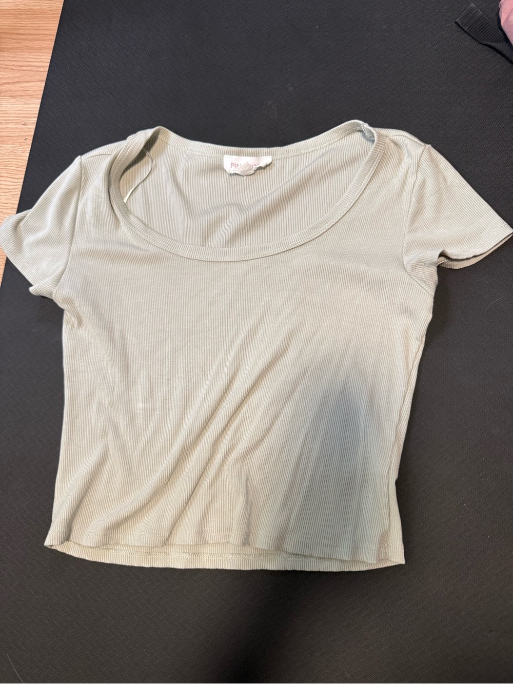 Pink Rose Slate Green Ribbed Scoop Neck Tee